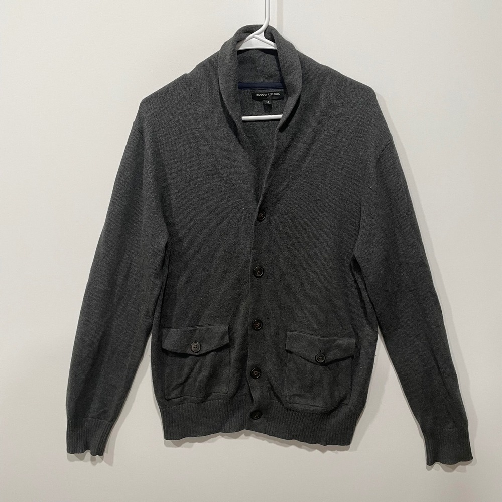 Banana Republic Men Charcoal Shawl Collar Cardigan Sweater‎ Medium Button Front